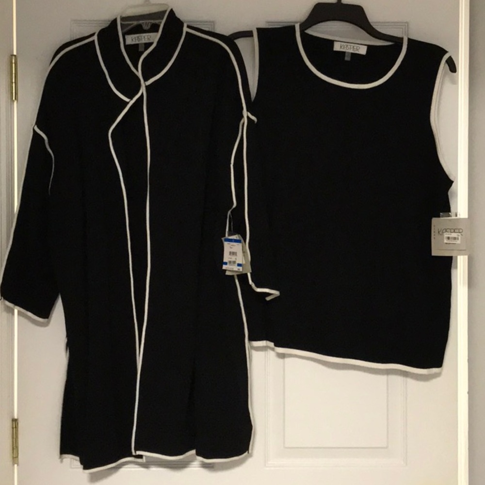 Kasper Black and White Trim Two-Piece Sweater Ensemble jacket 32” tank 25” NWT